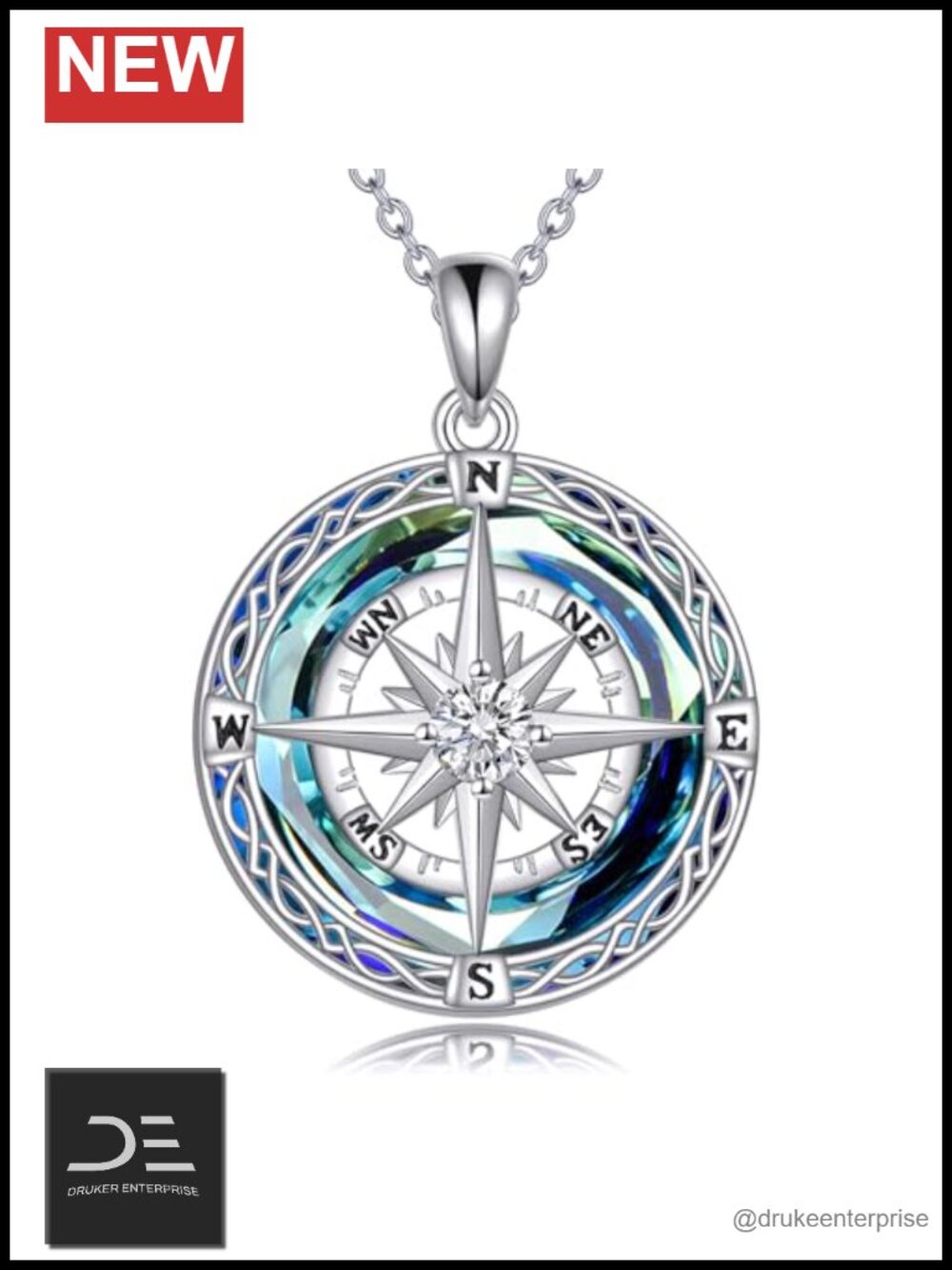 925 Sterling Silver Celtic Compass Pendant Necklace 18+2" Cable Chain